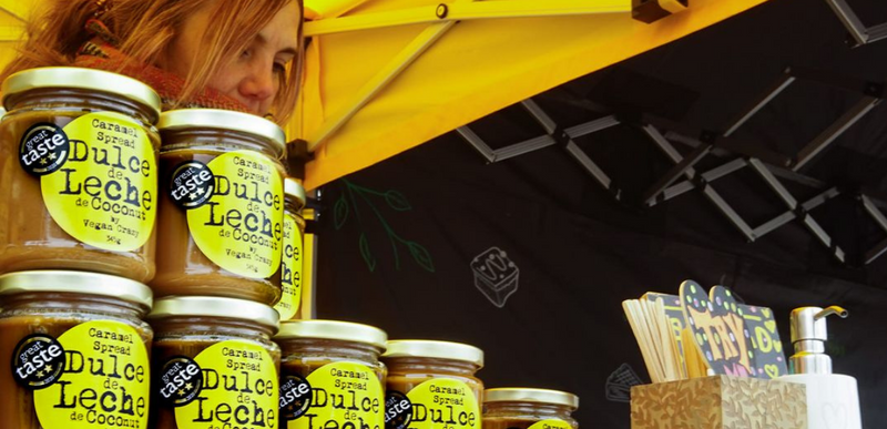 Jars of Vegan Crazy Dulce de Leche on their market stall.  Vegan crazy is from Reigate and is one of Sensiful's suppliers.