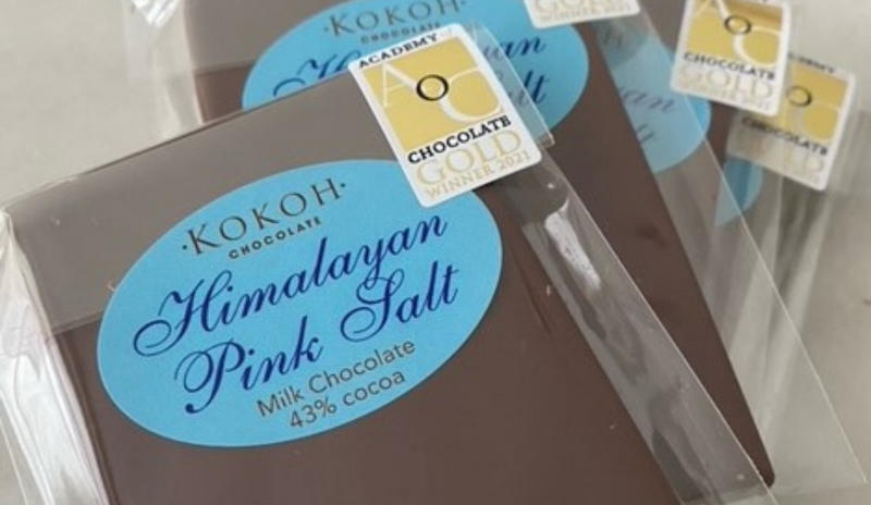 Bars of Himalayan Pink Salt milk chocolate from Kokoh of Ewhurst Surrey - one of Sensiful's suppliers