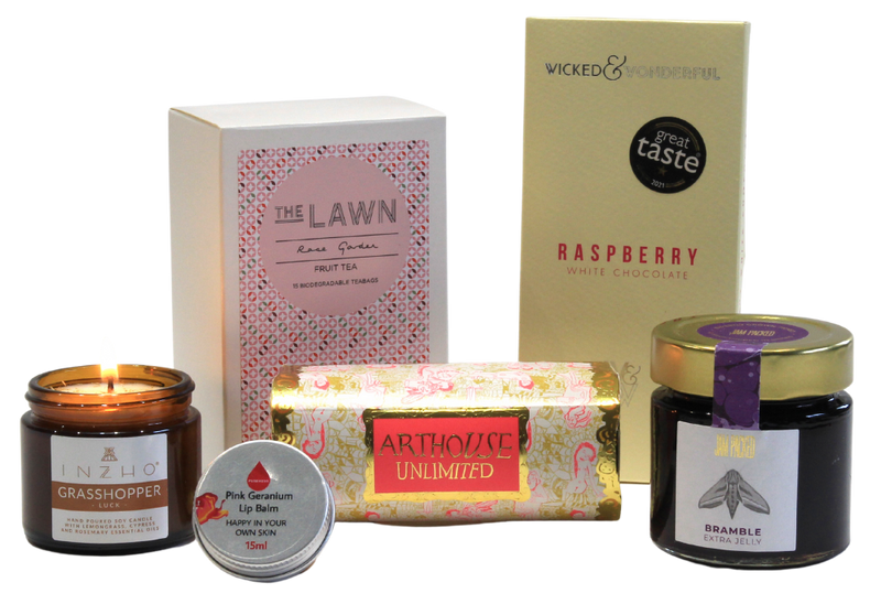 Surrey Country Garden box contents - INZHO grasshopper soy candle, the lawn collection rose garden fruit tea, wicked & wonderful raspberry white chocolate, arthouse unlimited soap, jam packed bramble jelly, puremess pink geranium lip balm.